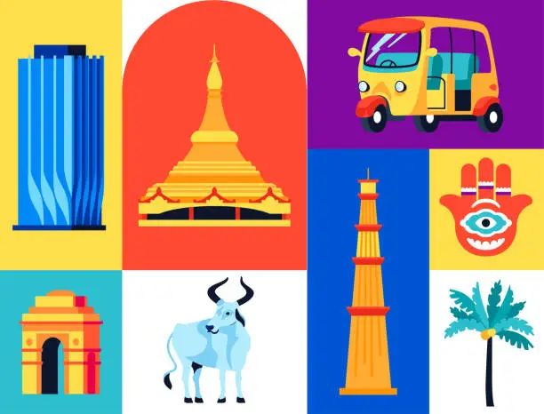 Vector illustration of National Treasure of India - set of flat design style illustrations