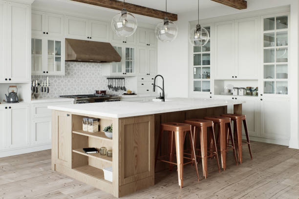 istock Traditional large L-shaped kitchen with large island and kitchen appliances. Kitchen interior with white cabinets and wooden island. 3D rendering 1755563908