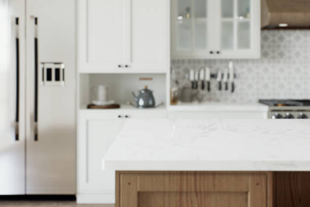 istock Kitchen with an emphasis on an empty countertop for arranging kitchen utensils. Kitchen interior with white cabinets and wooden island. 3D rendering 1755563926
