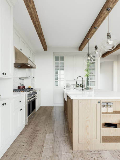 istock Traditional large L-shaped kitchen with large island and kitchen appliances. Kitchen interior with white cabinets and wooden island. 3D rendering 1755563931