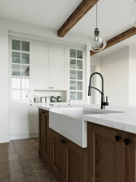 istock Traditional large L-shaped kitchen with large island and kitchen appliances. Kitchen interior accented by a kitchen sink on an island. 3D rendering 1755563934