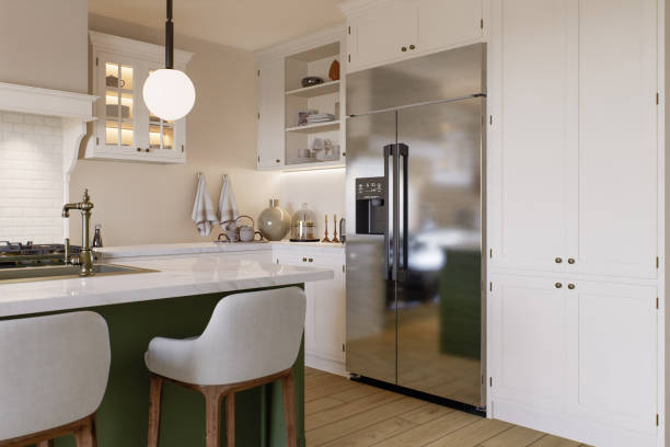 istock Chrome plated large double door refrigerator in the kitchen. Kitchen interior with household appliances and utensils. Focus on the refrigerator. 3D rendering 1755569669
