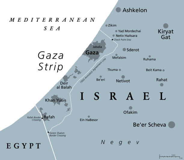 Gaza Strip and surroundings, Palestinian territory, gray political map The Gaza Strip and surroundings, gray political map. Gaza, a self-governing Palestinian territory and narrow piece of land located on the coast of the Mediterranean Sea, bordered by Israel and Egypt. levant map stock illustrations