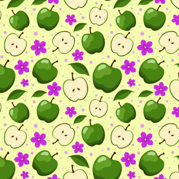 Vector illustration of Pattern is seamless with apple, flowers, circles on light background