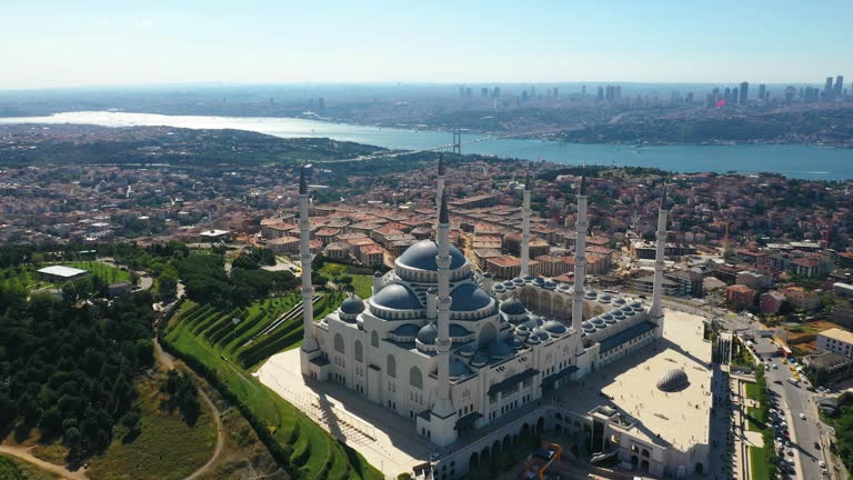 Aerial drone view of Istanbul Çamlıca Mosque and the Bosphorus. Europe's largest mosque