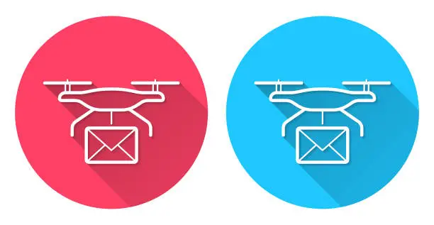 Vector illustration of Delivery drone with mail. Round icon with long shadow on red or blue background