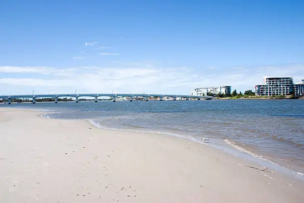 Looking from Paradise Point Broadwater beach  towards the bridge to the small built up island of resorts at Ephraim Island Gold Goast Australia