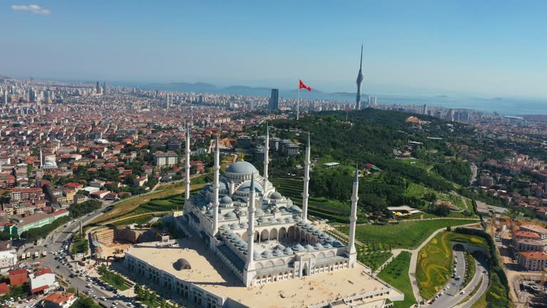 Aerial drone view of Istanbul Çamlıca Mosque and the Bosphorus. Europe's largest mosque