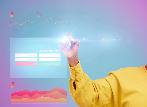 Payment, hologram design and woman hand isolated on studio background of website application and futuristic technology. Touchscreen, person finger and online shopping, registration or website overlay