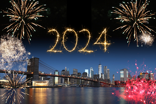 New year 2024 fireworks New York Manhattan