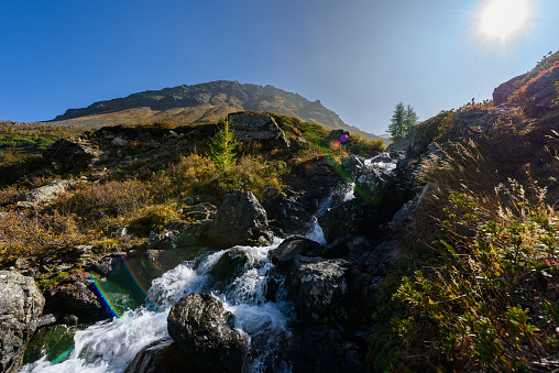 Small mountain stream, cascade, waterfall in the Alps