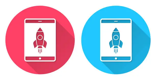 Vector illustration of Tablet PC with rocket. Round icon with long shadow on red or blue background