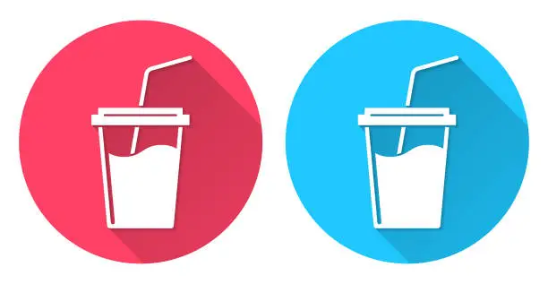 Vector illustration of Cup with straw. Round icon with long shadow on red or blue background