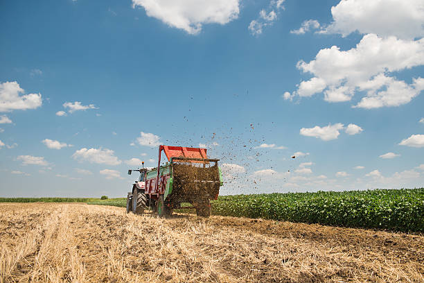 A tractor spreading manure on a field Manure spreader working in field of harvested wheat animal dung stock pictures, royalty-free photos & images