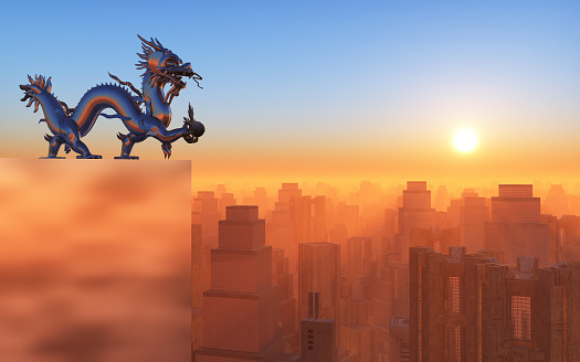 Computer generated 3D illustration with a Chinese dragon statue on a skyscraper above a big Asian city at sunset