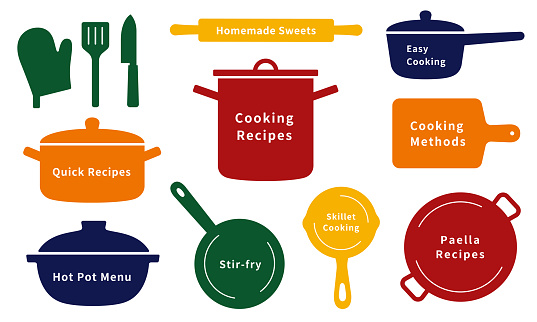 Set of kitchen tool icons that could be used for titles and headings of cooking recipes and menus