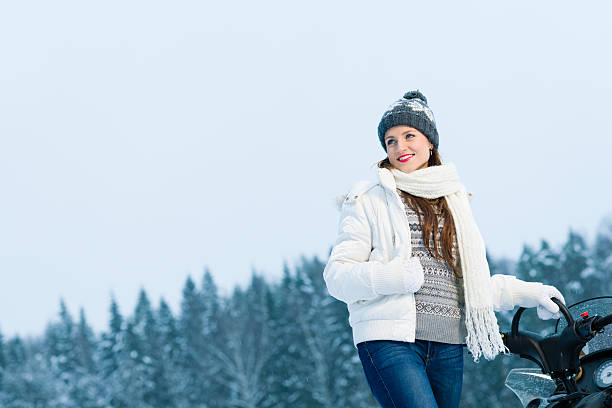 女性とスノーモービル風景 - women snowmobiling cute beautiful ストックフォトと画像