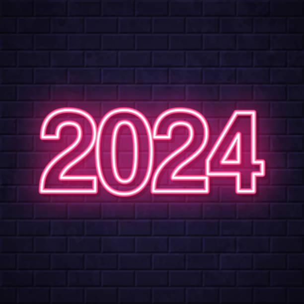 istock 2024 - Two thousand twenty-four. Glowing neon icon on brick wall background 1755617138