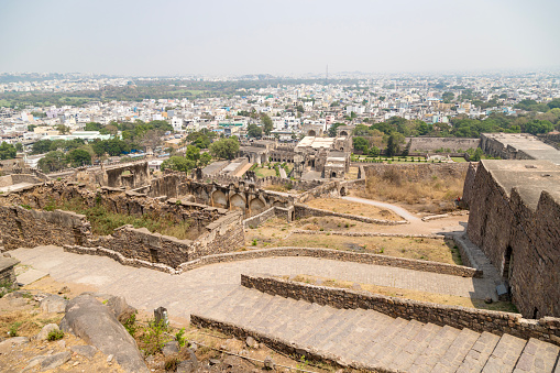 view of Historic Golkonda fort in Hyderabad, India.the ruins of the Golconda Fort