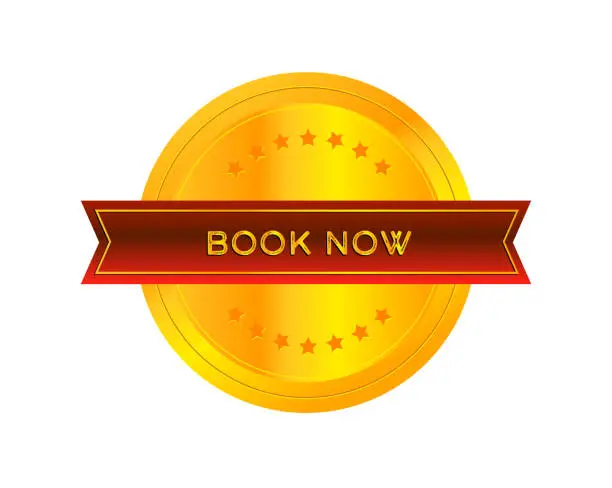 Vector illustration of An isolated vector golden badge design with Book Now written on it.