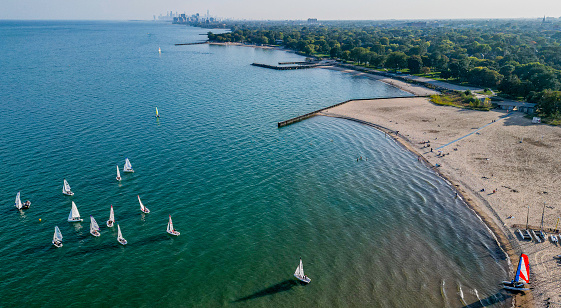 High resolution panoramic drone aerial image of Evanston and its shores of the Michigan lake