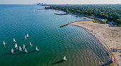 High resolution panoramic drone aerial image of Evanston and its shores of the Michigan lake