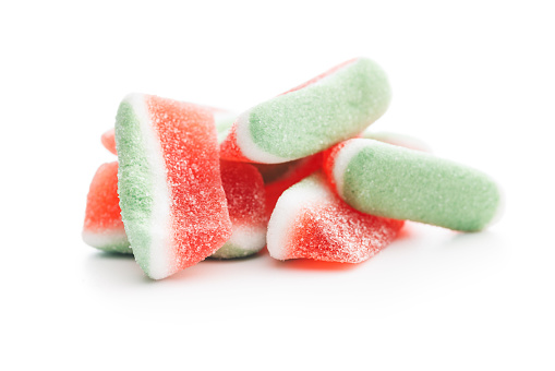 Watermelon jelly candies isolated on the white background.