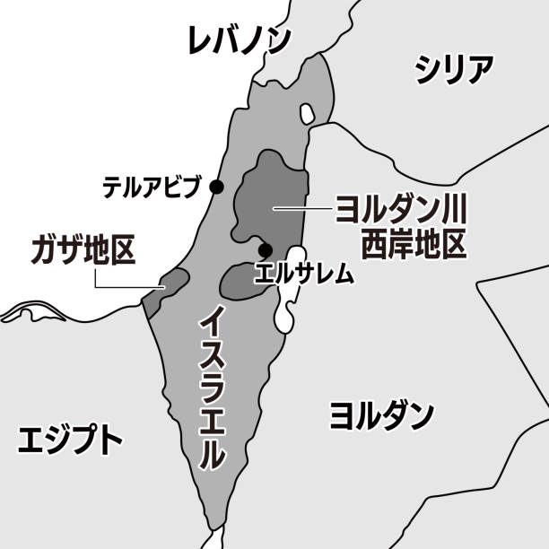 kuvapankkikuvitukset aiheesta israelin ja sen ympäristön kartta, paikannimet japaniksi (b&w) - palestine liberation organization