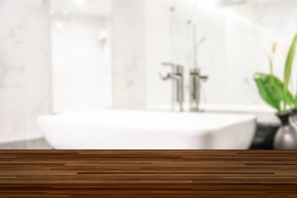 istock Bathroom table wooden board shelf product presentation template 3D 1755634399