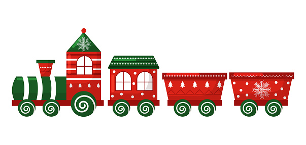 Vector christmas cartoon red train toy isolated on white background. Clipart for christmas greeting card, postcard.