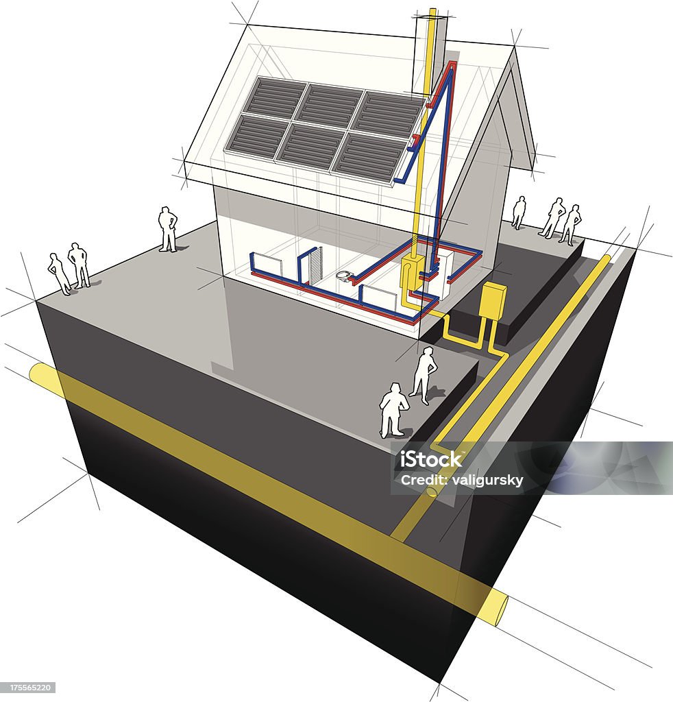 Casa con gas naturale diagramma di pannelli solari e di riscaldamento - arte vettoriale royalty-free di Casa