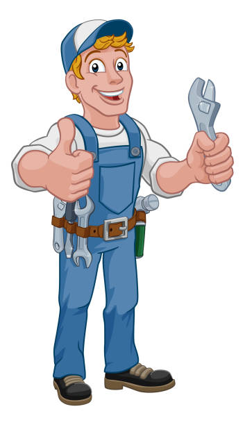 illustrazioni stock, clip art, cartoni animati e icone di tendenza di meccanico idraulico chiave chiave spanner cartoon tuttofare - thumbs up repairman human thumb electrician