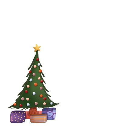 An illustration of a festive Christmas tree and gifts made of textured brushstrokes