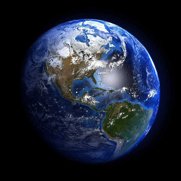 Extremely detailed image including elements furnished by NASA. A soft glow surrounds the illuminated planet and clouds cast shadows on the surface. All real data and isolated on black.