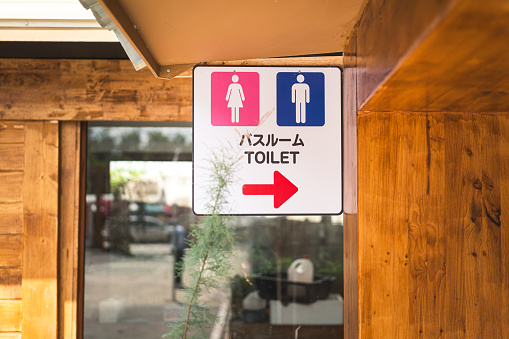 Toilet direction sign with seperately gender icon in English and Japanese text which is installed on the ceiling of building structure. Sign and symbole object photo.