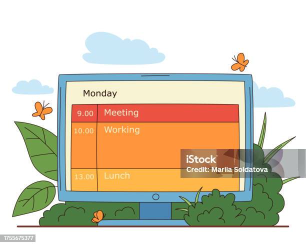 Time Management Computer Screen Computer With Schedule For Time Management Stock Illustration ...
