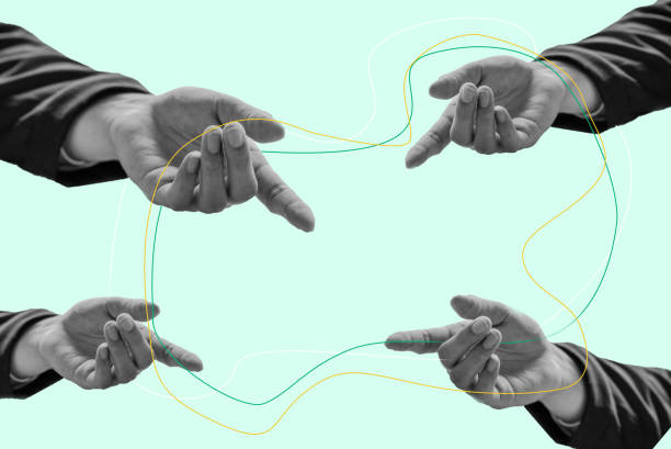 istock Contemporary art collage. four hands and rope connect four hands, teamwork, collaboration. Conceptual collaboration concept 1755691158
