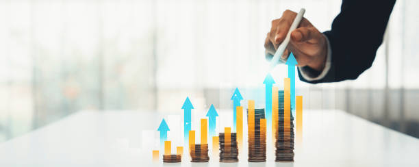 istock Coin stack with digital graphic indicator symbolize business investment. Shrewd 1755693298