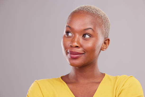 istock Thinking, solution and business woman with career, job or project ideas isolated on studio background. Brainstorming, vision and professional african person, employee or worker with future goals 1755696068