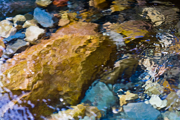 Round stones under clear river water.
