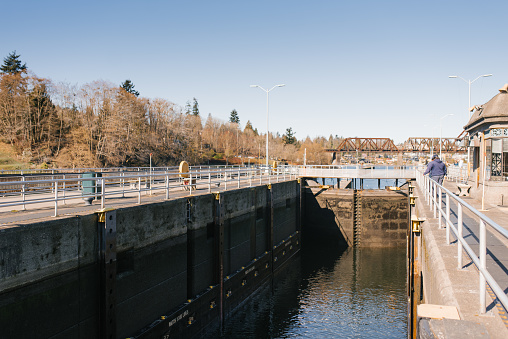 View of the Hiram Chittenden Locks, or Ballard Lacks, a complex of looks at the west end of Salmon Bay. Washington's Lake Washington Ship Canal