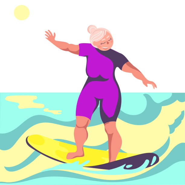 illustrations, cliparts, dessins animés et icônes de web - senior adult surfing aging process sport