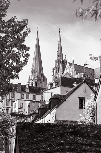 Distant view of the spires of Chartres Cathedral, France.
