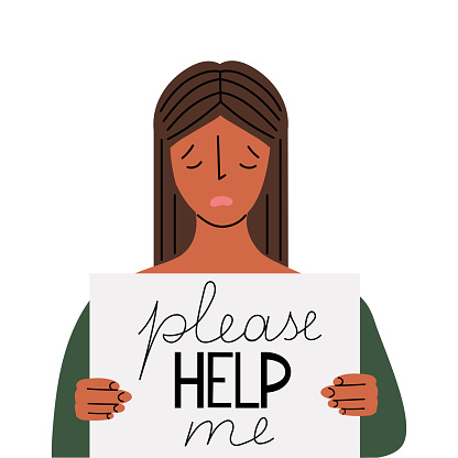 Woman asking for help, holding a poster. Social issuesa Isolated vector illustration