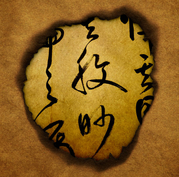 Burnt brown paper frame with Chinese calligraphy background.
