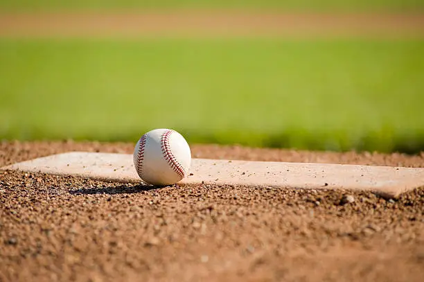 A baseball on the pitcher's mound or plate, with copy space
