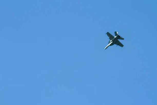 Photo of F/A-18 Hornet military jet soaring in a clear blue sky.