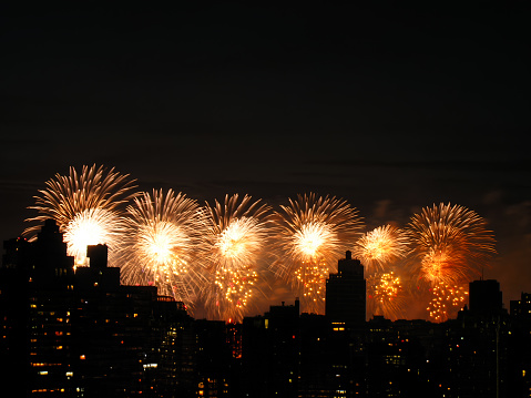 Spectacular fireworks burst brightly in the night sky, illuminating the city skyline below. A testament to celebrations and festivities, the image captures the essence of urban night events.