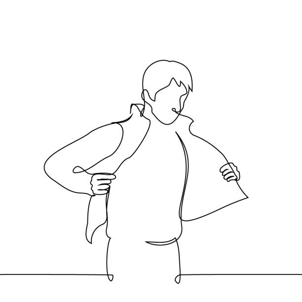 男はジャケットを脱ぐ – 1本の線画のベクター画像。コンセプト脱衣、冬服からの移行、アウターの試着 - taking off illustrations点のイラスト素材／クリップアート素材／マンガ素材／アイコン素材
