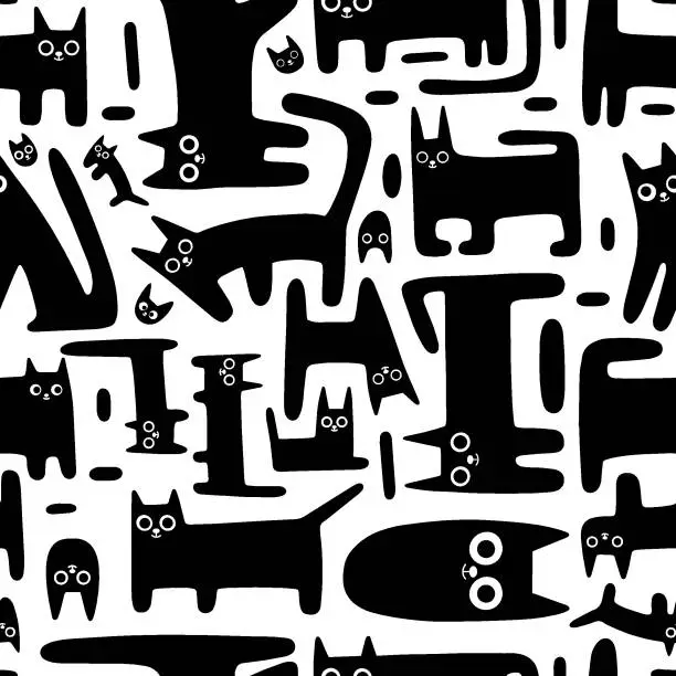 Vector illustration of Seamless pattern with cute funny cats, black kitten on white background, cartoon style. Trendy modern vector illustration, hand drawn, flat design